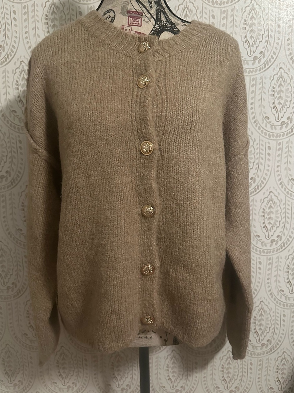 Amazon Women's Taupe Button-Front Cardigan Sweater with Gold Buttons - oversized